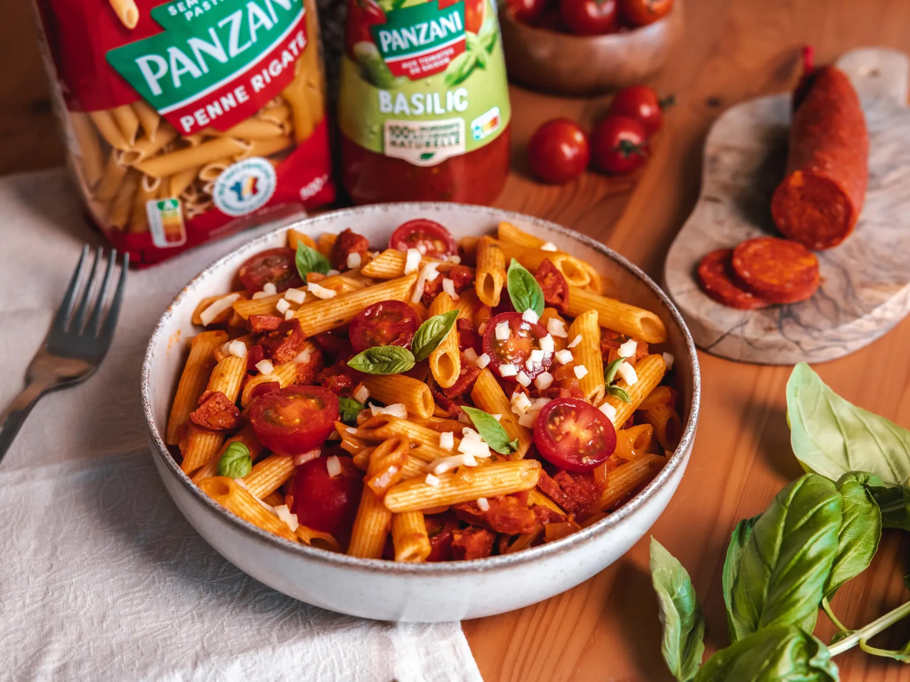 penne_chorizo_sauce_basilic_recette_panzani